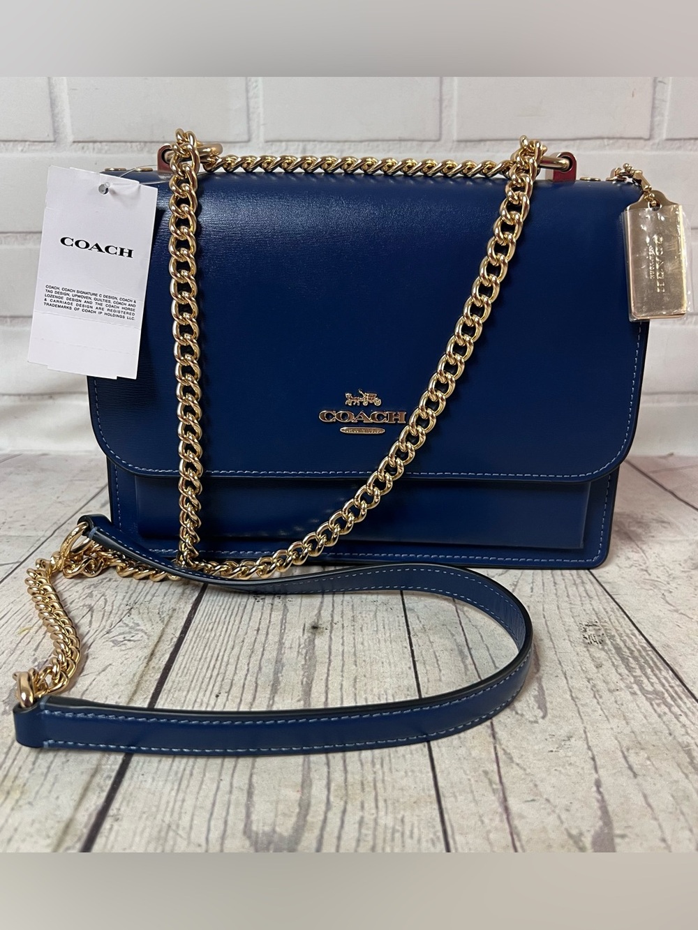 Coach Klare Crossbody Bag Calf Box Leather Deep Navy Blue Gold Chain CBI97 NWT